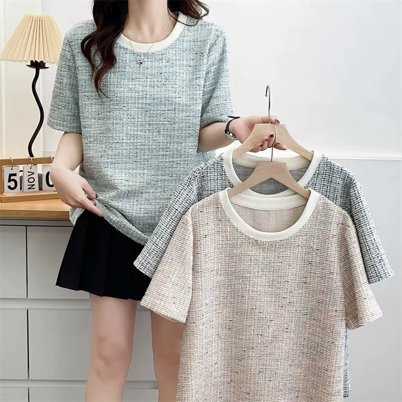 Большой размер женская футболка с короткими рукавами 2025 летний утренний топ Xiaxiang Fat Girl в клетке футболка тонкая 665