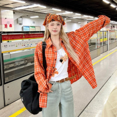 美式橙色格子长袖衬衫男女2025秋宽松多巴胺情侣衬衣百搭休闲外套