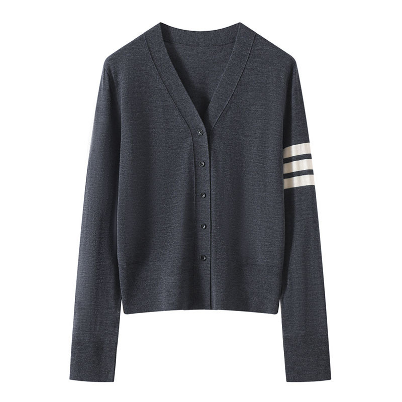 Tb Same Style Xin'Ao 60S/2 Yarn Women's 100% Fine-Spun Wool V-Neck Knit Cardigan with Contrasting Striped Sleeves