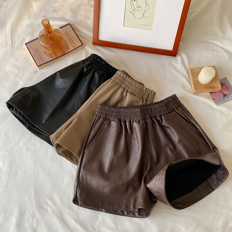 Autumn and Winter All-match straight casual pants women's small loose wide-leg shorts elastic high waist brown PU leather boot pants