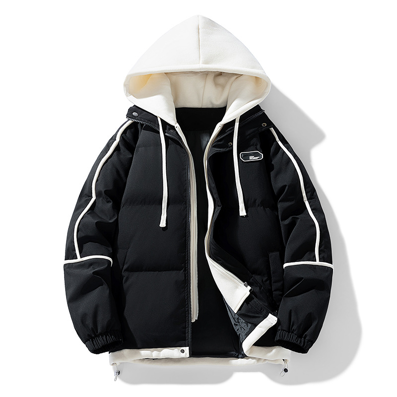 2024 ropa acolchada de algodón casual para hombres de invierno, chaqueta de tendencia de todo fósforo de color de contraste juvenil, ropa acolchada con capucha de moda para estudiantes al por mayor