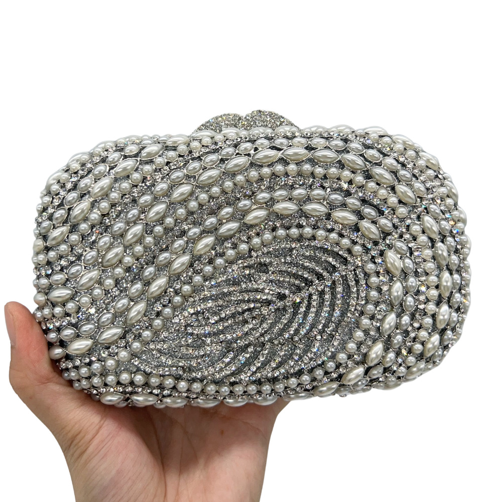 Túi clutch dạ tiệc đính kim cương rỗng lá phong cách mới — Màu trắng, Ngọc trai bạc, Bạc pha lê trắng, Màu sâm panh chi tiết 9
