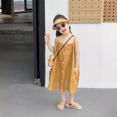 女童連衣裙2024夏裝裙子薑黃寬鬆純棉吊帶裙女孩洋氣大口袋襯衫裙