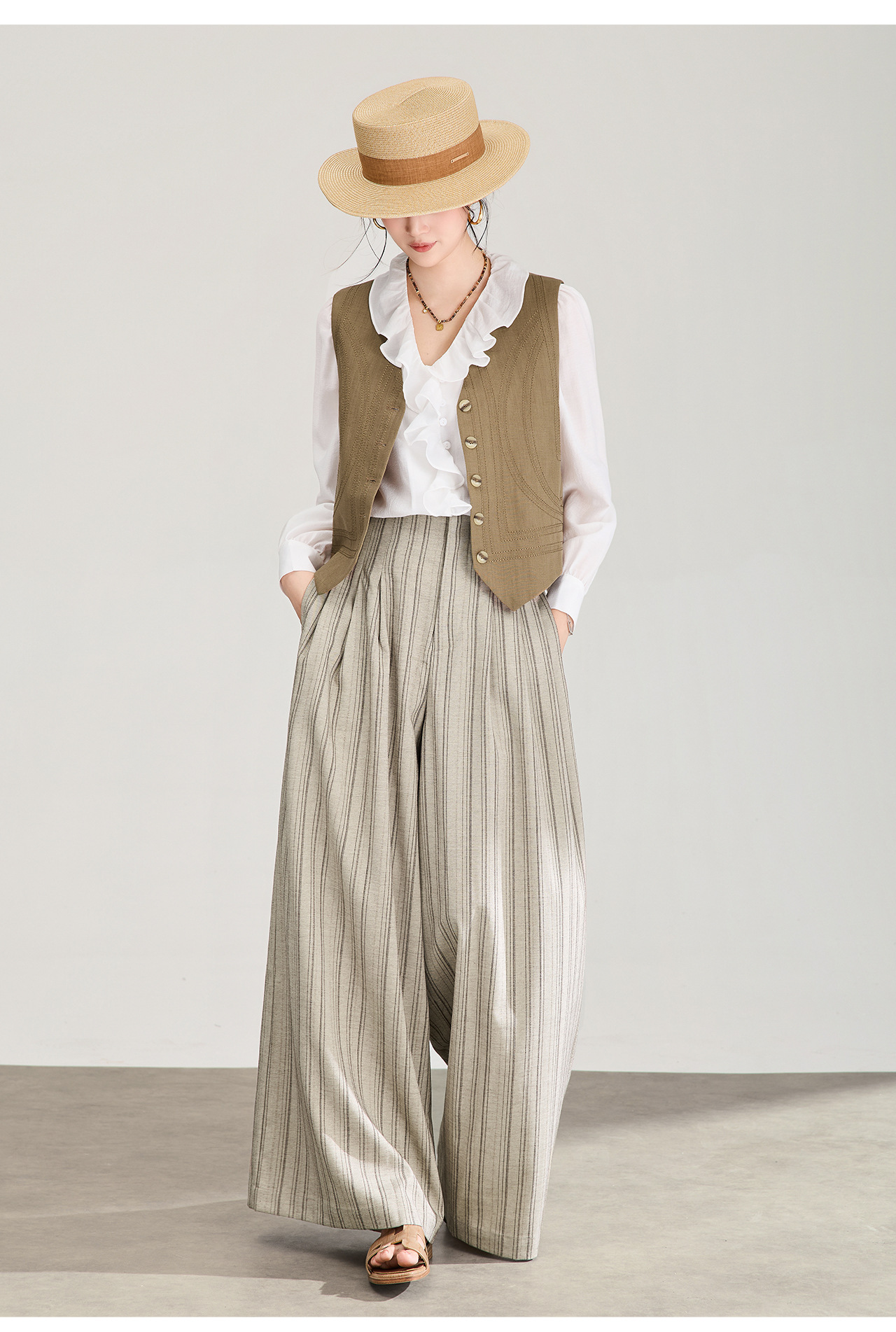 Áo khoác gile không tay cổ chữ V phối lớp phong cách cổ điển chất liệu vải lanh pha sợi Tencel — Màu cà phê chi tiết 23