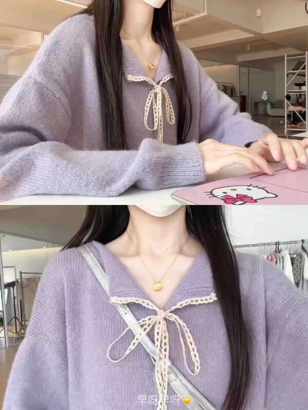 韩系甜美风软糯蝴蝶结蕾丝系带领毛衣开衫女秋冬款高级感软糯小衫|undefined
