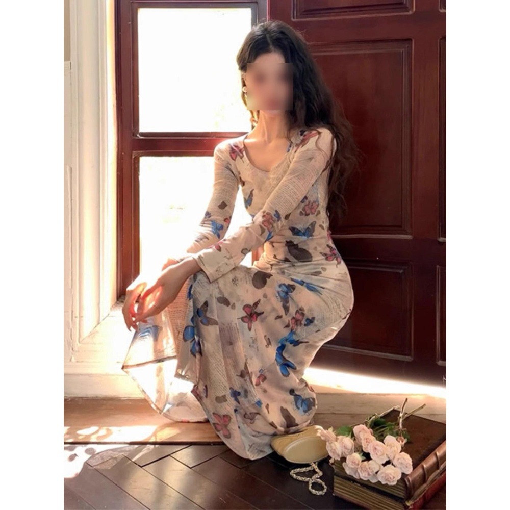 빈티지 스파이스 소녀 나비 인쇄 긴 소매 원피스 여성의 가을 새로운 주름 허리 캐주얼 우아한 엉덩이 원피스