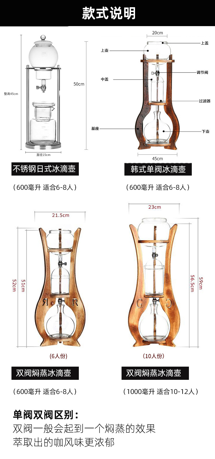 冰滴壶咖啡壶韩式单双阀门咖啡壶冰酿咖啡器壶冷萃滴漏壶咖啡器具 大型冰滴咖啡壶家用单阀门闷蒸咖啡壶冰酿咖啡机 冰滴壶咖啡壶详情6