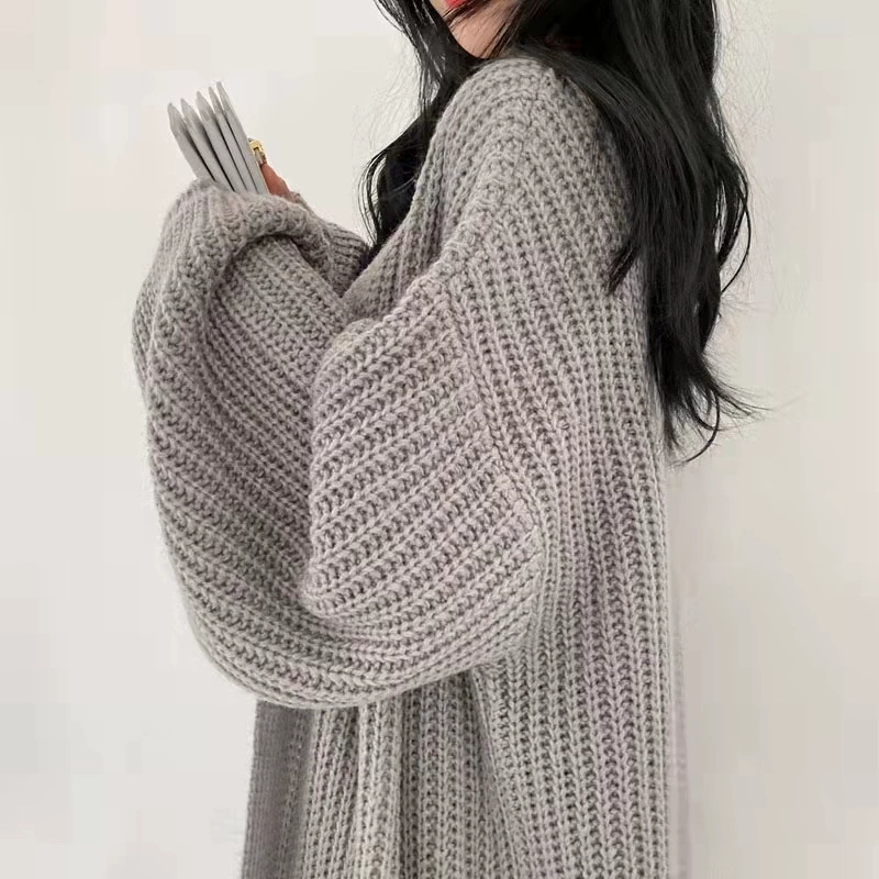 Фонарик, длинный вязаный кардиган, свитер, куртка, корейский стиль, осень, V-образный вырез, свободный крой