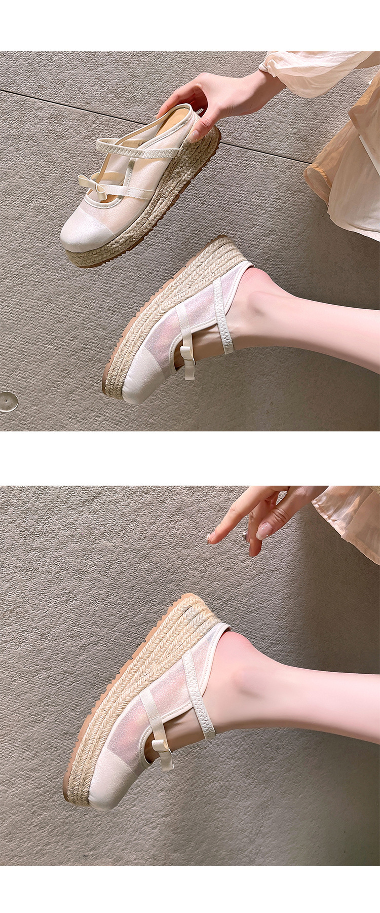 Xăng đan gót xuồng dệt đế dày 5cm bít mũi lưới phong cách nghỉ dưỡng — Lưới kim cương nóng, Lưới chấm bi, Lưới chi tiết 23