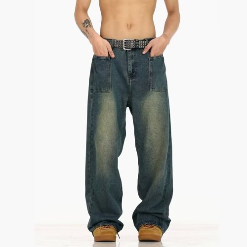 Retro blue straight-leg slimming jeans with high-waist loose design, earthy yellow mud rinse, distressed American-style wide-leg pants