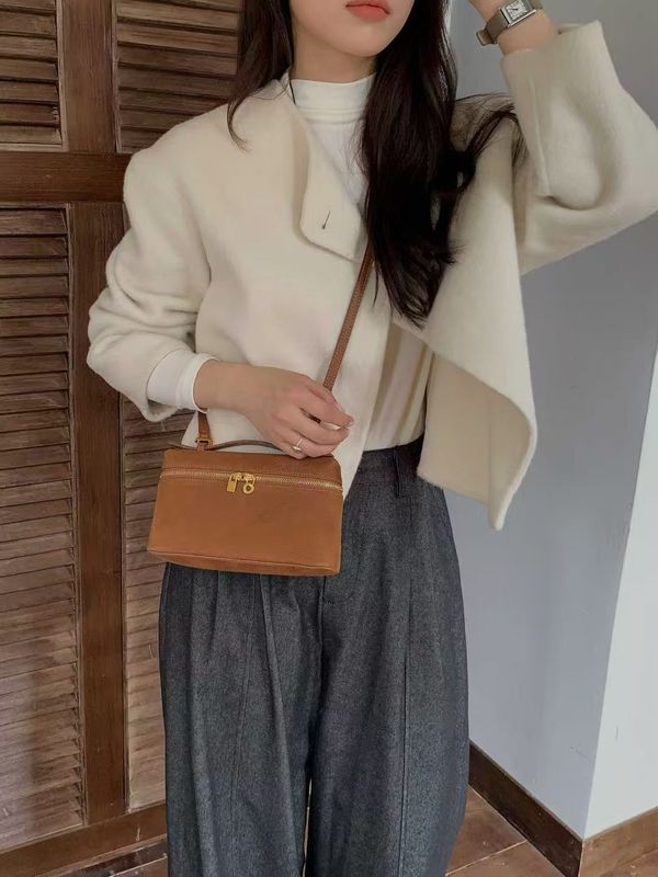 2025新款真皮女包LP饭盒包时尚简约单肩斜跨包平纹麂皮小方包银扣|undefined