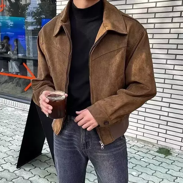 Source Manufacturer's High-End American Retro Brown Suede Jacket Men's Spring and Autumn Short Flight Jacket