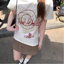 韩版土星爱心印花圆领T恤女夏季美式复古小众设计感显瘦短袖上衣