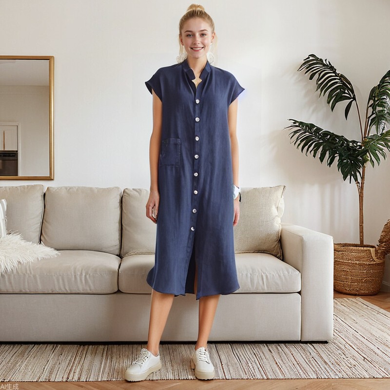 2026 European and American Amazon Independent Site New Cardigan Stand Collar Single-Breasted Cotton Linen Pocket Plus-Size Dress Petticoat