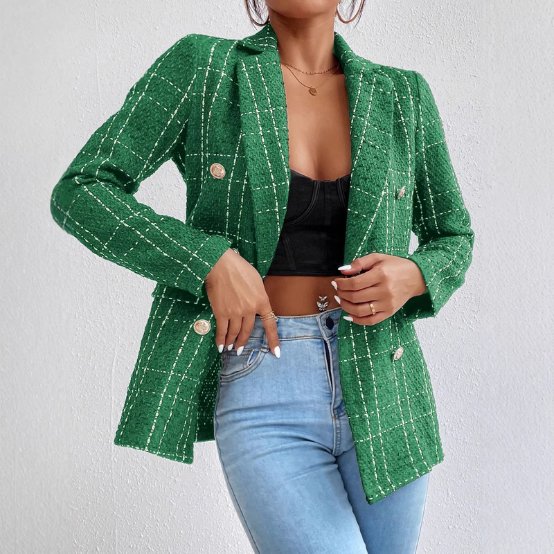 2026 Cross-Border Foreign Trade European and American New Style Amazon Women's Lapel Long-Sleeved Plaid Tweed Blazer