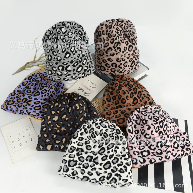 豹纹帽子冬季提花针织帽女户外无檐保暖豹纹冷帽加厚护耳毛线帽男