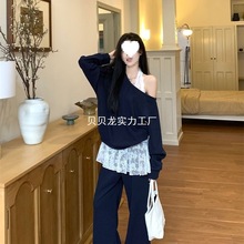 叠穿韩版休闲套装宽松斜肩卫衣女蕾丝小背心早秋高腰阔腿裤三件套