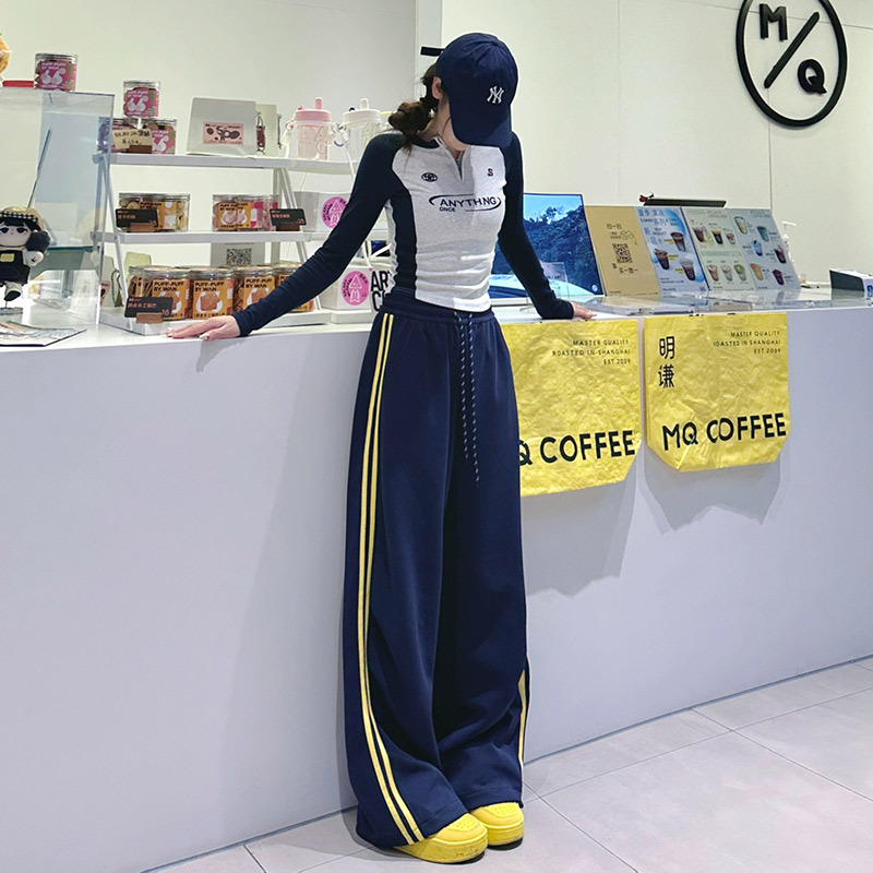 美式撞色双杠休闲裤2025秋冬新款条纹运动卫裤宽松小个子阔腿裤女
