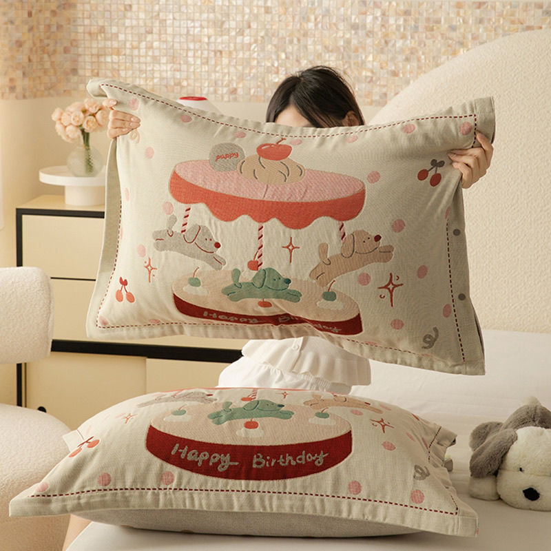 AB version 100% cotton pillowcase set of cute cartoon sweat-absorbent breathable cotton linen gauze pure cotton pillowcase pillowcase cover 