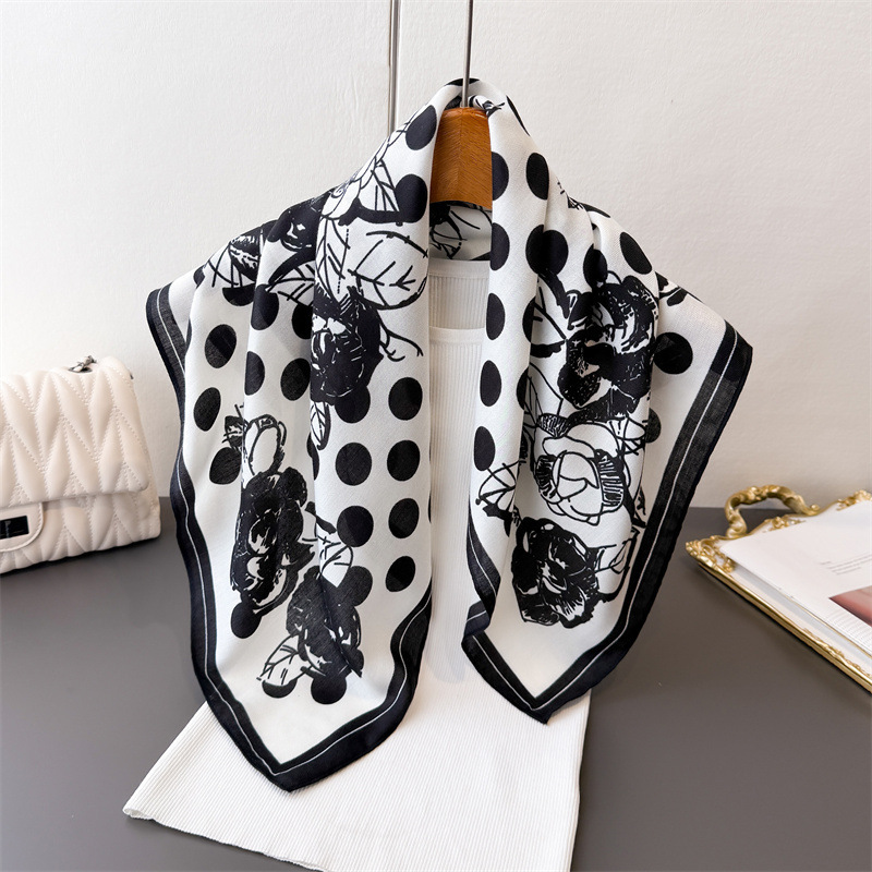Polka Dot Floral Scarf, Herringbone Pattern, Cotton and Linen Feel, Small Square Scarf, Silk Scarf, Imitation Velvet Headscarf, Shawl, Sun Protection Neck Scarf, Women's Scarf