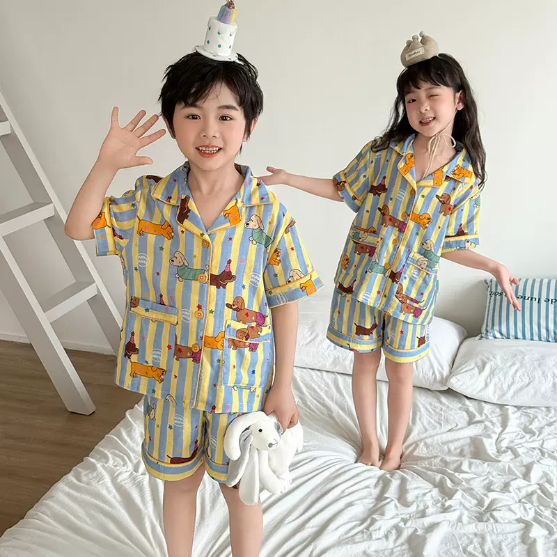 夏季薄款纯棉双层棉纱短袖睡衣套装男女童可外穿卡通可爱家居服