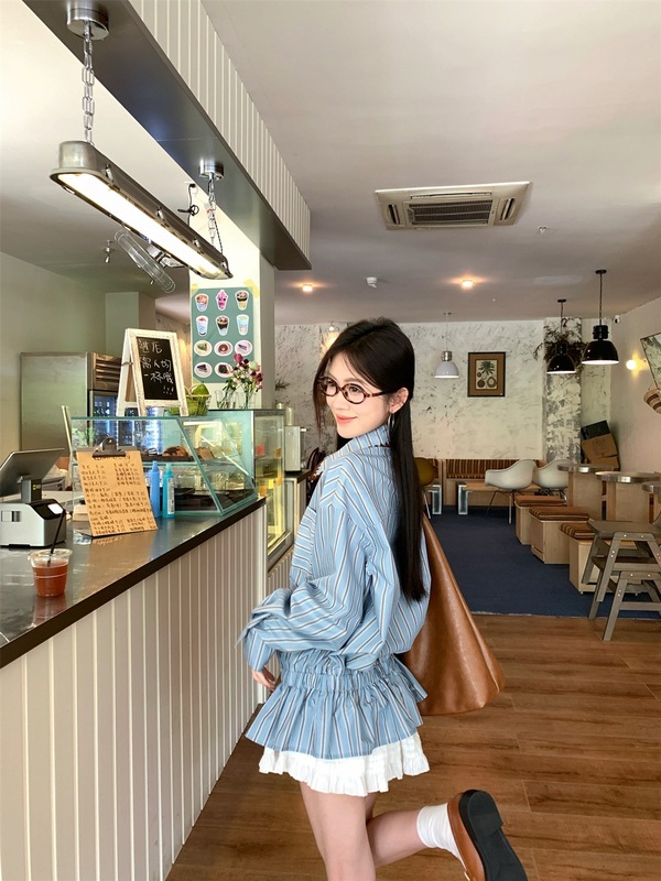 早秋小众宽松POLO领衬衣设计感蓝色条纹长袖衬衫女装韩系开衫上衣|undefined