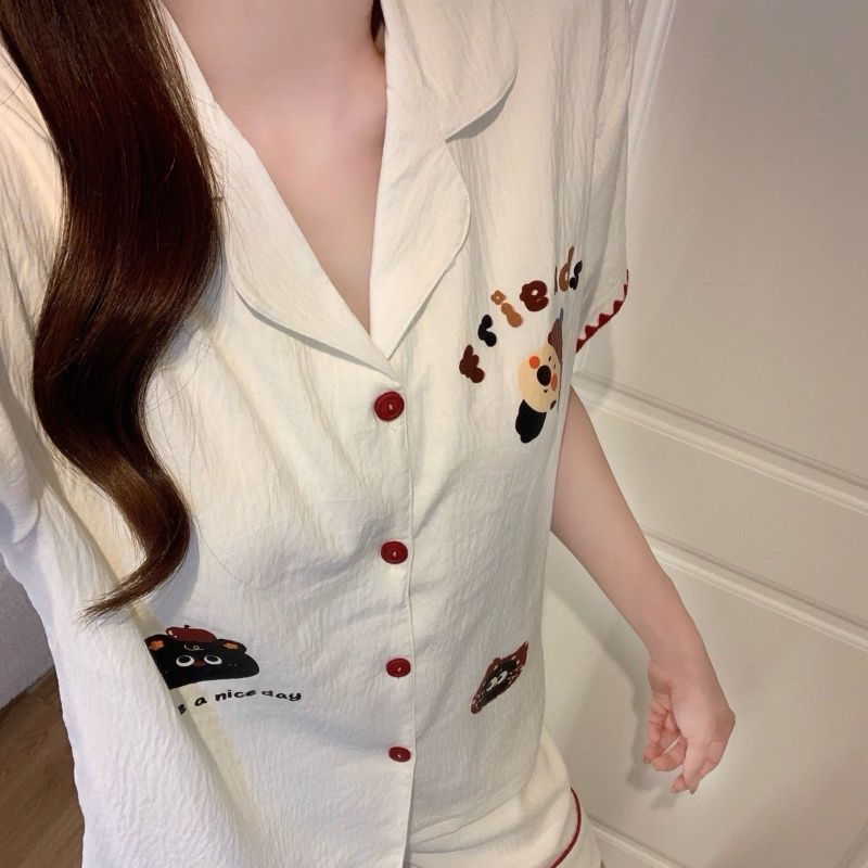 Al por mayor transfronterizo nueva nube de algodón crescente perro manga corta pantalones cortos pijama conjunto de mujeres de verano dulce cardigan ropa para el hogar
