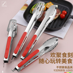 Stainless steel thickened red handle three-line food tongs, barbecue tongs with heat-resistant and bread-friendly design, oil-drippable outdoor self-service tongs