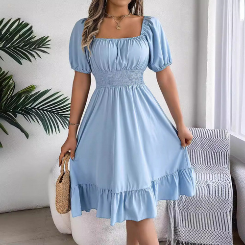 2025 Spring and Summer European and American Casual Square Collar Short Sleeve Waist Inset Ruffled A-Line Skirt Independent Station Cross-border Women's Clothing 