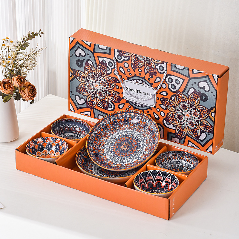 Bohemian Ceramic Bowl and Plate Set Cross-border Underglaze Color Bowl and Dish Gift Box High-looking Rice Bowl Tableware Set