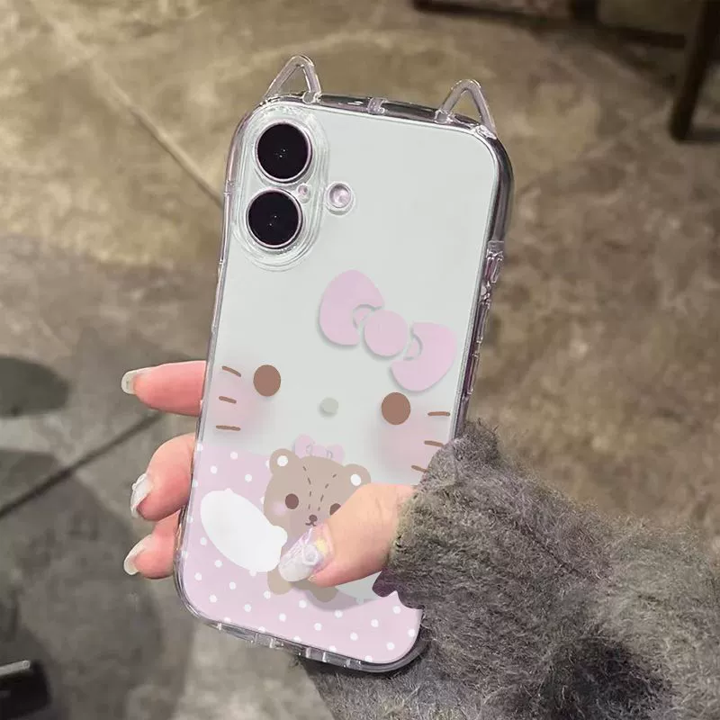 Чехол для телефона (Sanrio) совместим с iPhone 11–17 серии — прозрачный с ушками кота