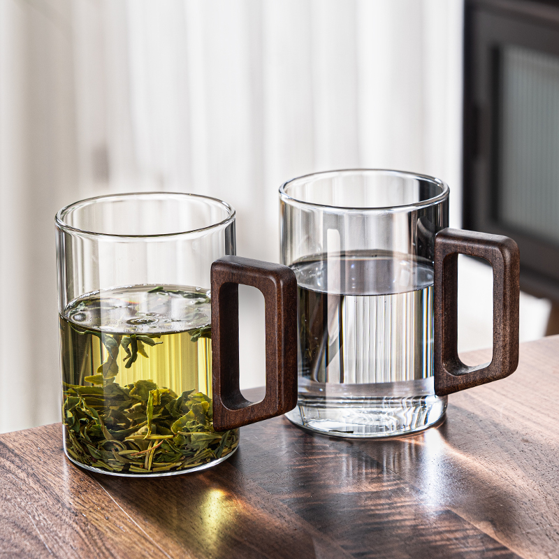 Glass Set for Home Living Room, High Temperature Resistant Green Tea Cup, Large Capacity Water Cup with Handle, 6 Hospitality Drinking Cups