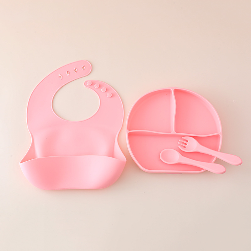 Juego de vajilla de silicona para bebés, vajilla de alimentación para bebés recién nacidos, plato de comedor de rejilla dividida de silicona, babero de tazón de alimentos al por mayor
