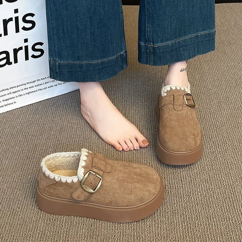 Low-top cotton shoes, thick-soled, fleece-lined, Birkenstock-style, casual loafers, women's 2026 autumn/winter new collection, warm snow boots