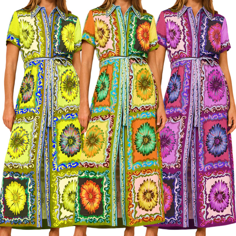 2026 Amazon Independent Site European and American Summer New Holiday Fashion Printed Lace-Up Cardigan Maxi Dress