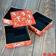 中号红色日式烫金逼真花朵寿司盒便当盒三层年饭盒点心盒礼盒