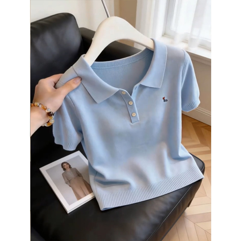 Dopamine Blue Polo Collar Simple Short-Sleeved T-Shirt for Women 2026 Summer French Casual Versatile Jeans Set