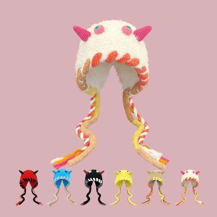 Cute and Interesting Plush Monster Hat for Women in Autumn and Winter, Warm Ear Protection Lei Feng Hat with Exposed Face, Small Cold Protection Ear Protection Hat