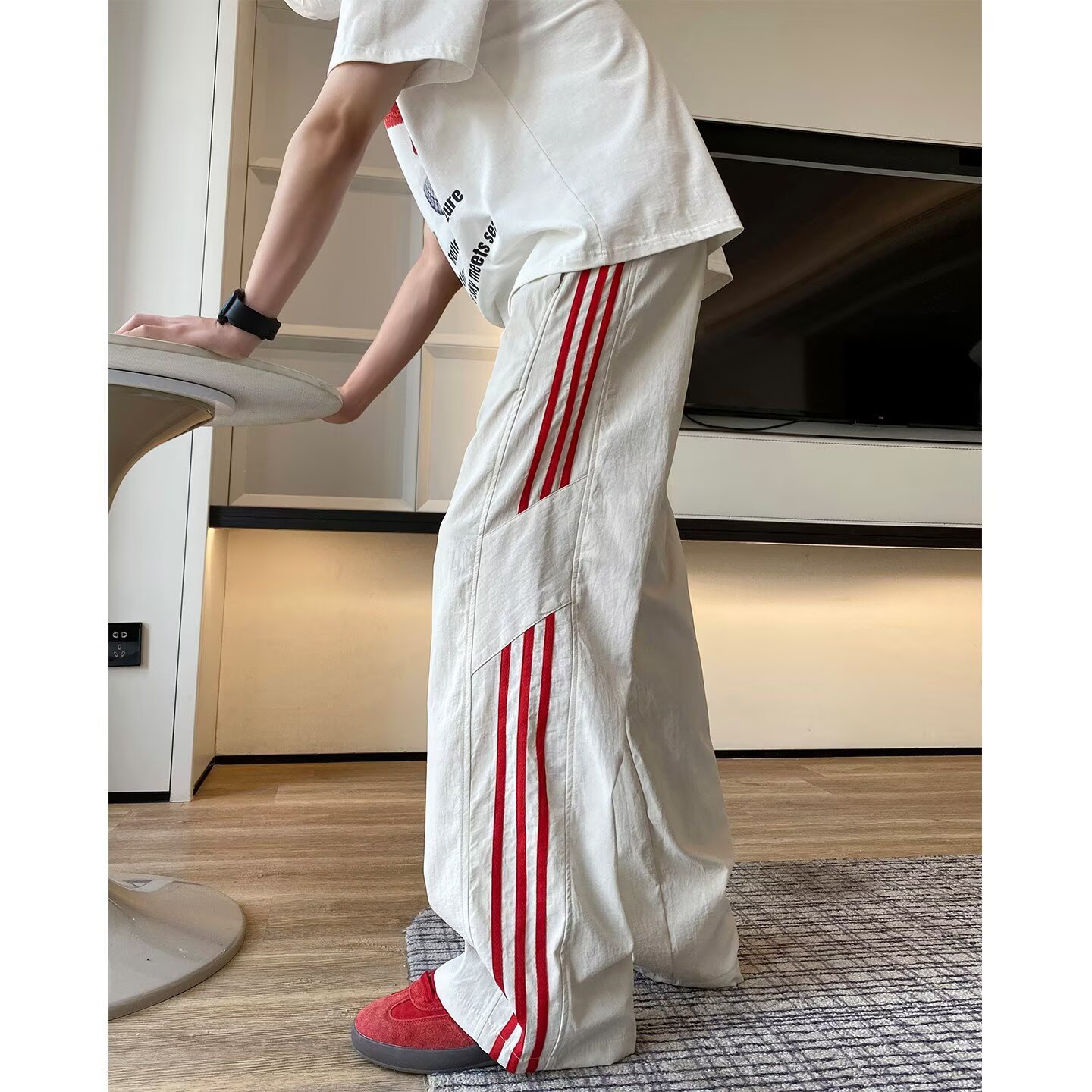 American Three-Stripe Quick-Dry Ice Silk Pants Men's Summer Thin Sports Long Pants Loose Straight Wide-Leg Casual Pants