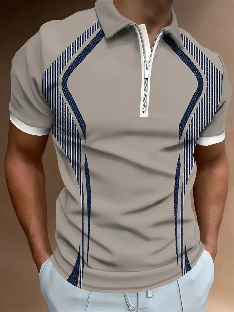 Camisa POLO con cremallera de manga corta con estampado digital 3D para hombre de verano transfronterizo de estilo deportivo y casual patrón geométrico MB13