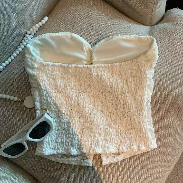 Women’s Black Lace Slit Tube Top Bustier with Built-in Chest Pads and Open Back Design — detail image 3