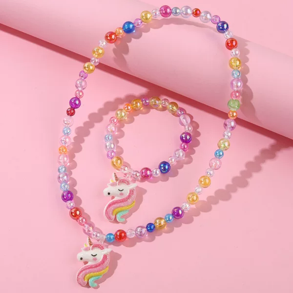 Cute Cartoon Kidsren's Unicorn Necklace Bracelet Two-Piece Jewelry Princess Kidsren's Jewelry Set