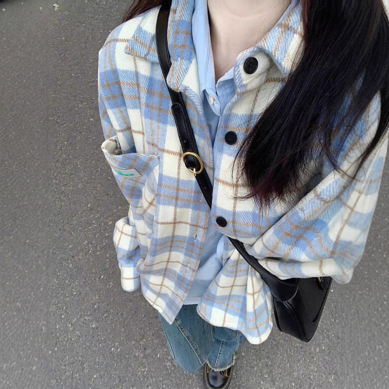 厚款毛尼料蓝色格子衬衫女装2025秋季新款港风chic长袖外套上衣女|undefined