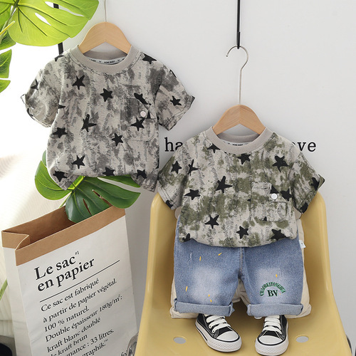 Wholesale Children's Apparel 2024 Summer New Arrival Boys' Cute Five-Star Crew Neck T-Shirt Short Sleeve Two-Piece Set