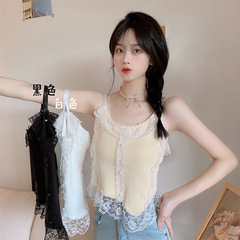 夏季甜美風純色紐扣裝飾蕾絲花邊不規則針織衫小吊帶背心上衣