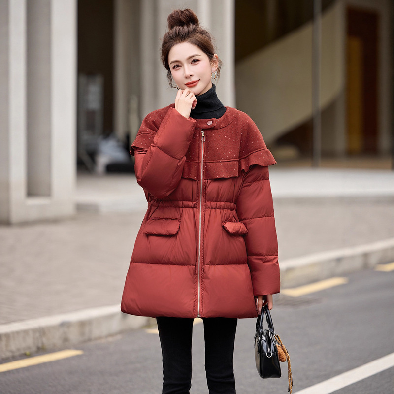Women's down Jacket 2025 Winter New Fashion Lace Sequin Waist-Cinching Mid-Length White Duck down Coat Qc1631