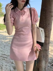 女性用のショートスイートプリンセスデザインカラードレス、ウエスト痩身フレンチパフ半袖シャツとショートスカート