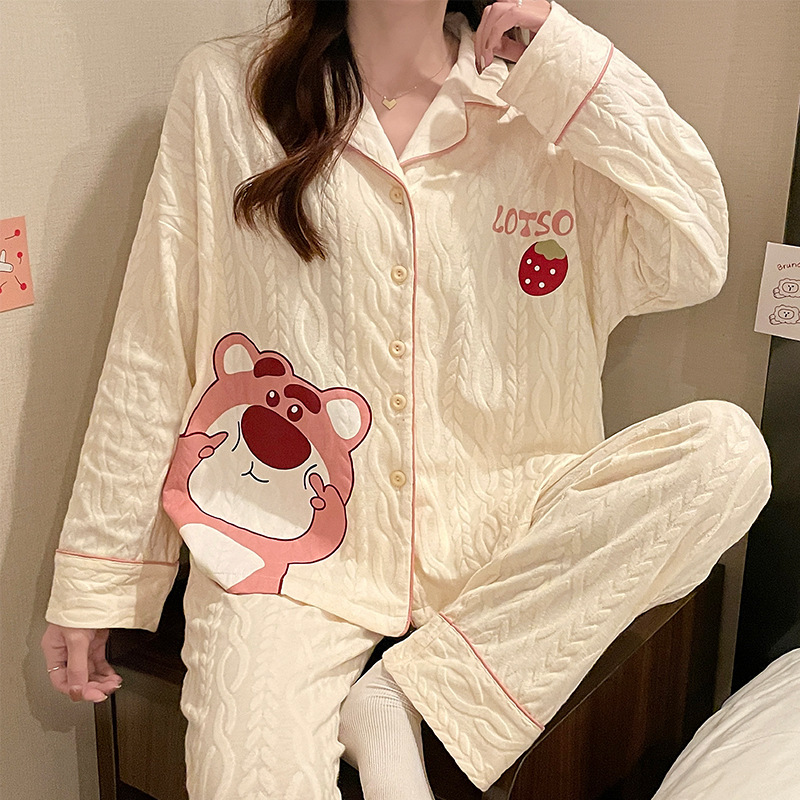 Women's Pajamas for Spring and Autumn, Long-Sleeved, Thin Cotton-Like, Trendy Summer Style, Cute Strawberry Bear Design, Can Be Worn Outside, Homewear Set Women's Pajamas for Spring and Autumn, Long-Sleeved, Thin Cotton-Like, Trendy Summer Style, Cute Strawberry Bear Design, Can Be Worn Outside, Homewear Set