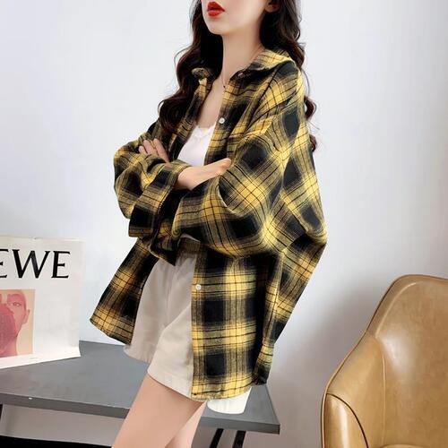 Women's Spring and Autumn New Design Grid Shirt, Unique Loose Long-Sleeve Retro Hong Kong Style Casual Blouse