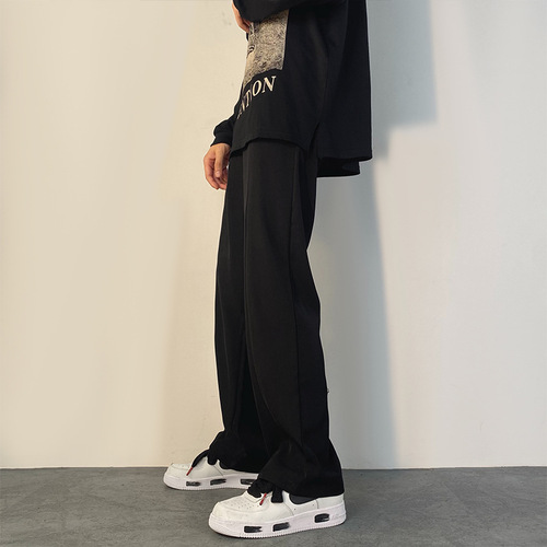 Streetwear Brand Men's Loose Straight Leg Western Pants Casual Pants with Design Sense, Niche Korean Style Trendy Hidden Button Flared Pants